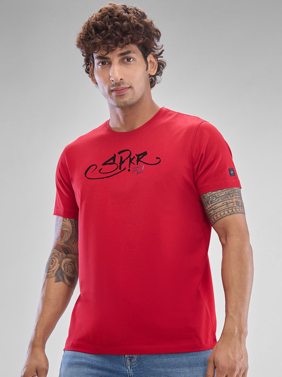 Spykar Deep Red Cotton Half Sleeve  Tshirt For Men