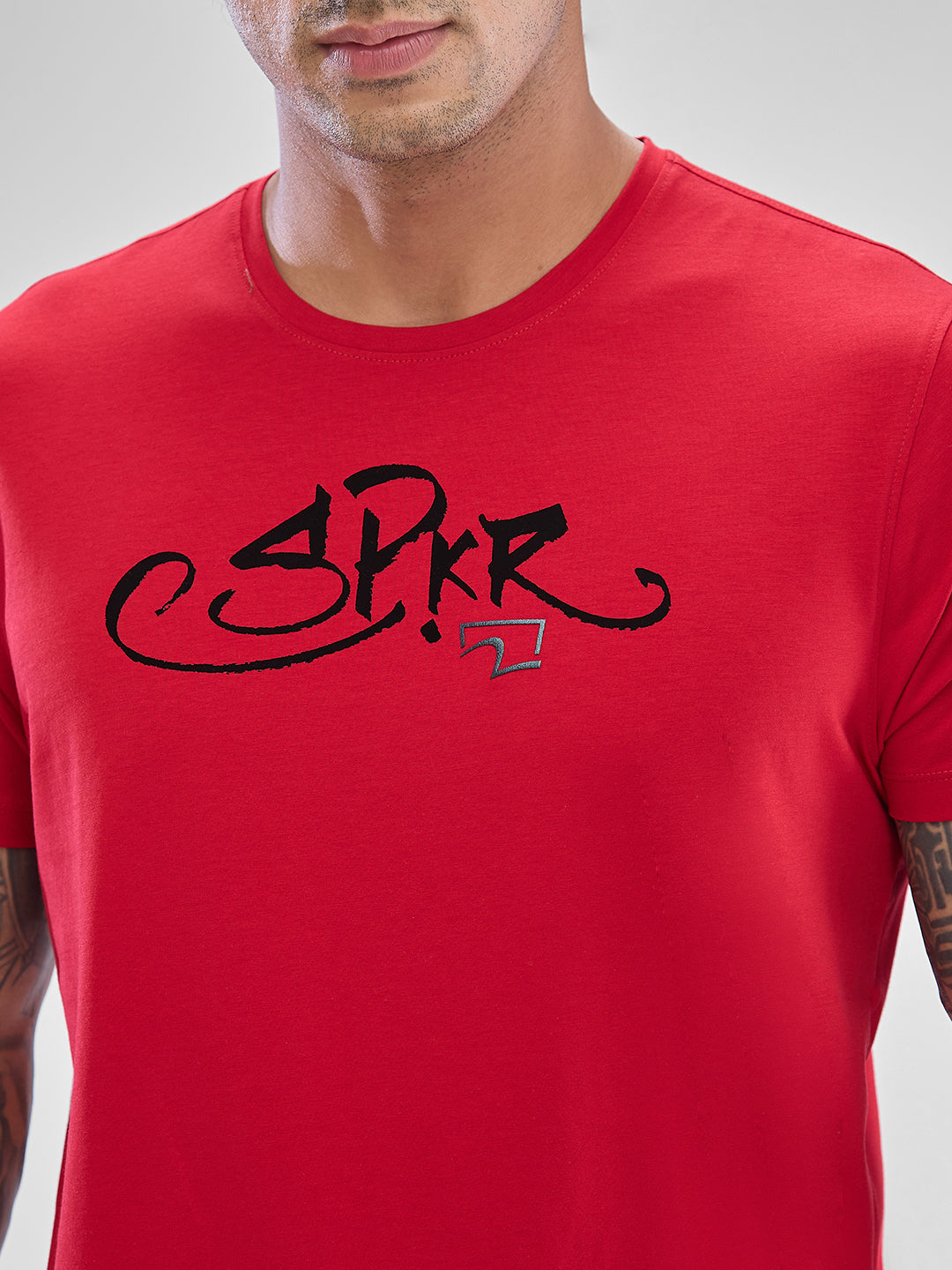 Spykar Deep Red Cotton Half Sleeve  Tshirt For Men