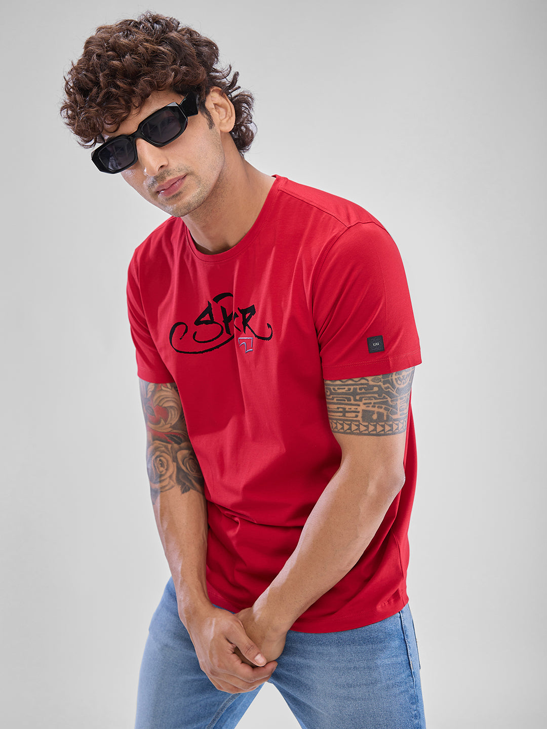 Spykar Deep Red Cotton Half Sleeve  Tshirt For Men