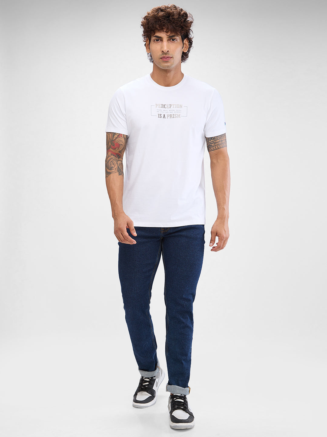 Spykar White Cotton Half Sleeve  Tshirt For Men