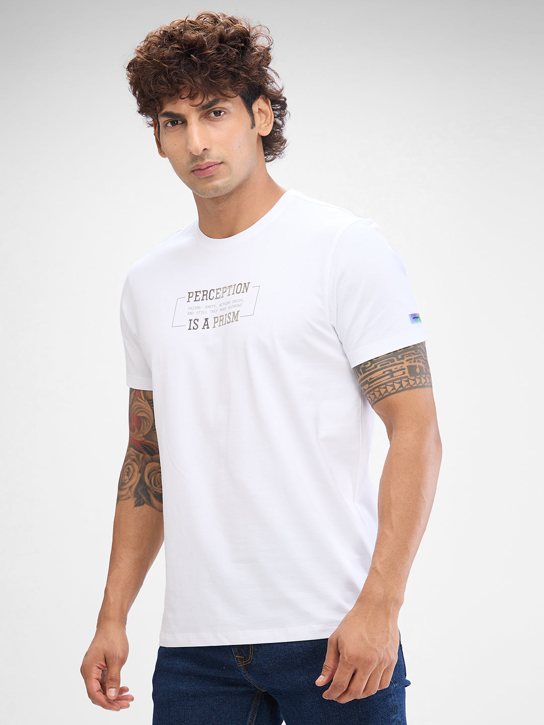 Spykar White Cotton Half Sleeve  Tshirt For Men