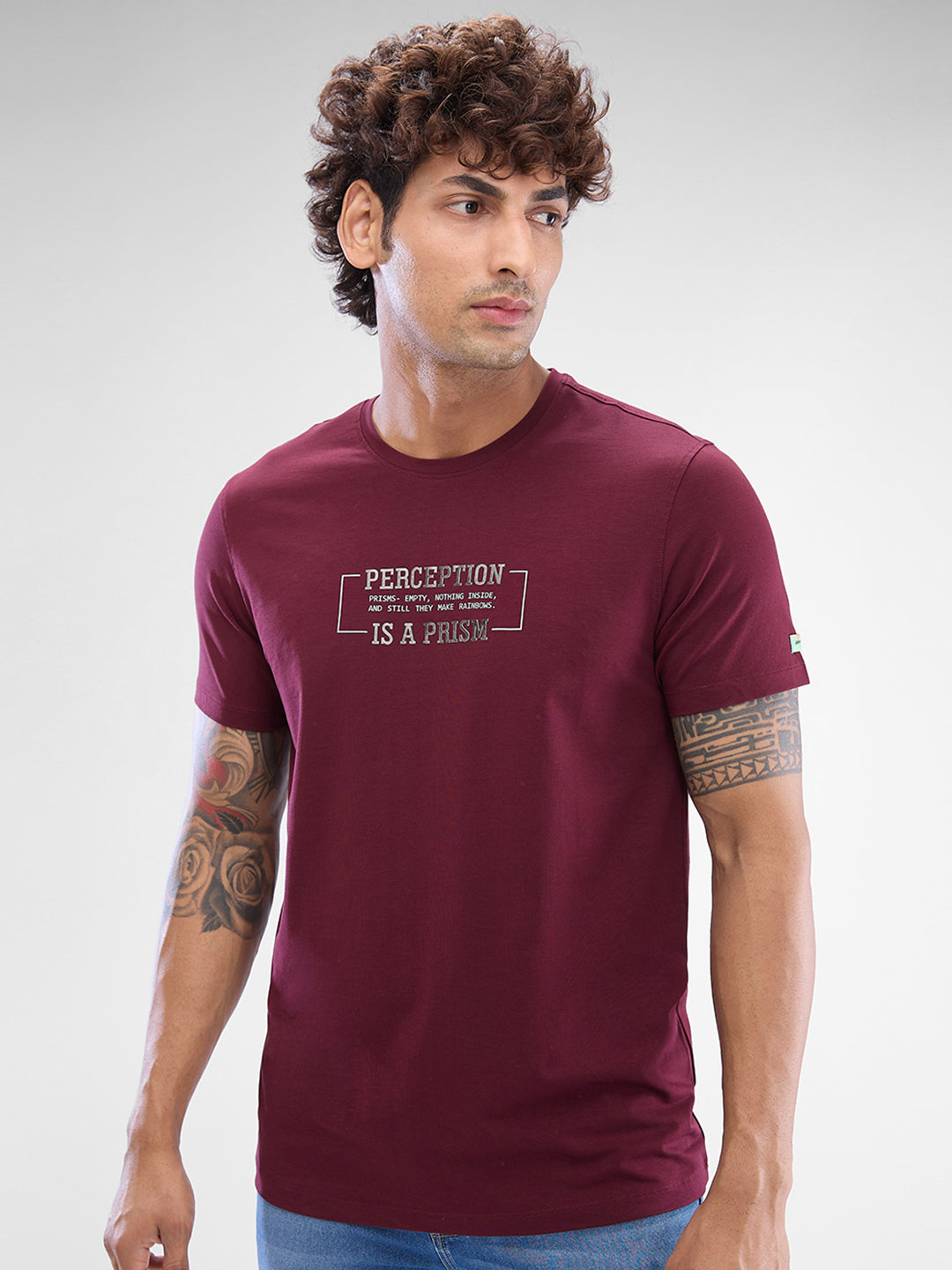 Spykar Wine Red Cotton Half Sleeve  Tshirt For Men