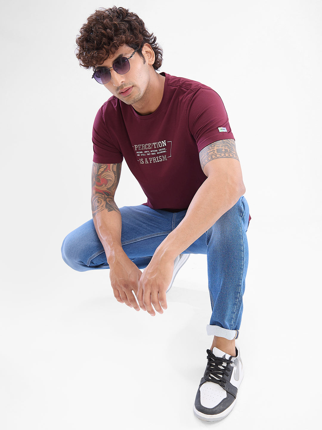 Spykar Wine Red Cotton Half Sleeve  Tshirt For Men