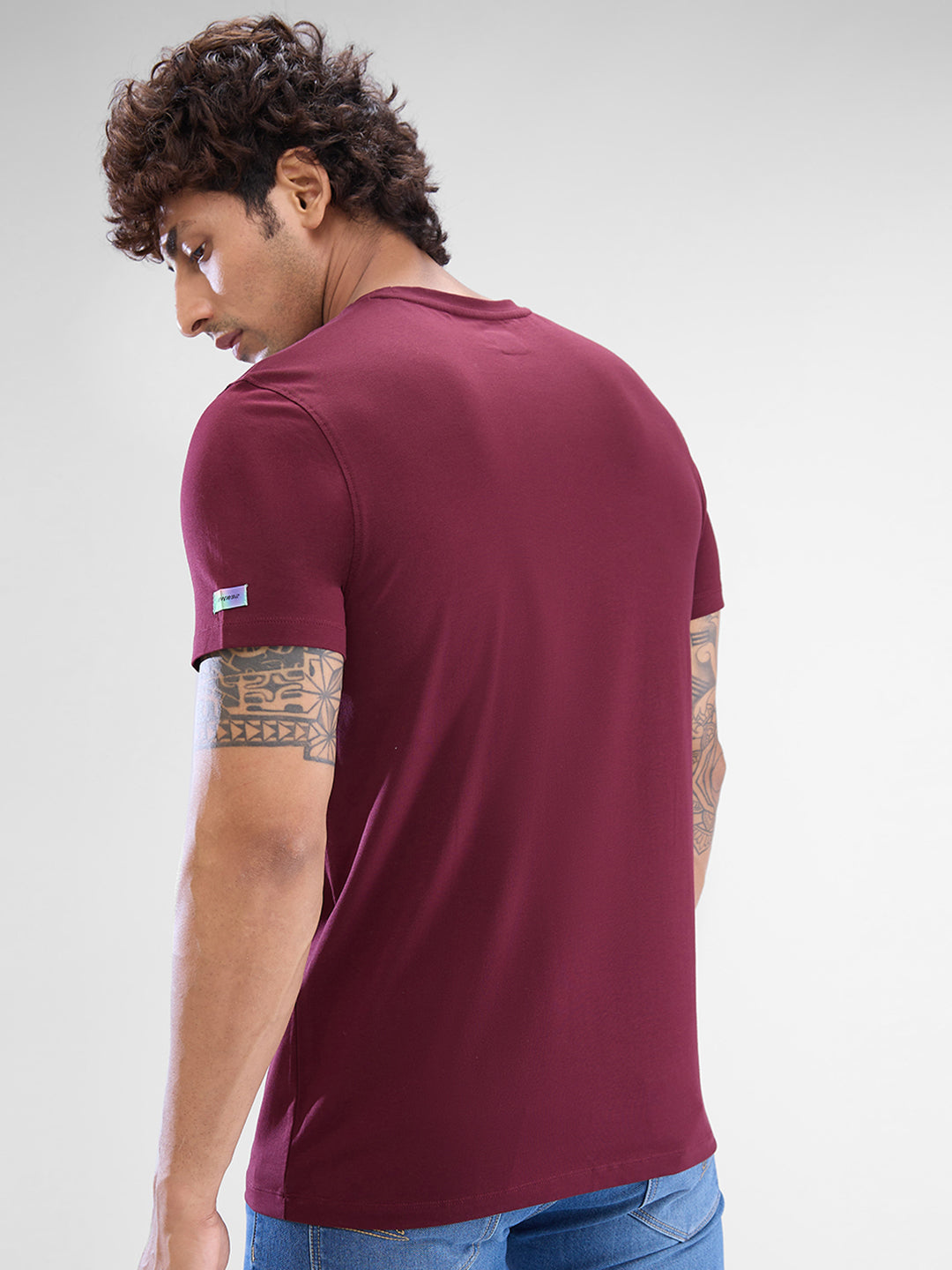 Spykar Wine Red Cotton Half Sleeve  Tshirt For Men