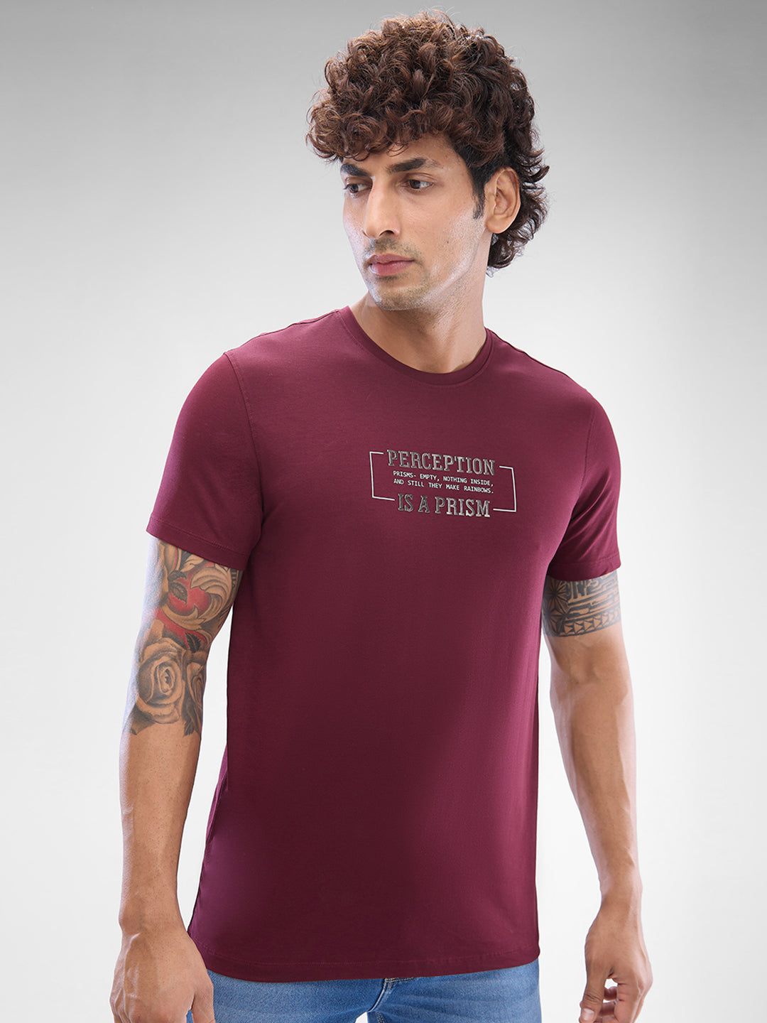 Spykar Wine Red Cotton Half Sleeve  Tshirt For Men