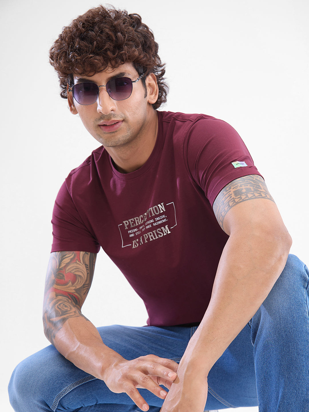 Spykar Wine Red Cotton Half Sleeve  Tshirt For Men