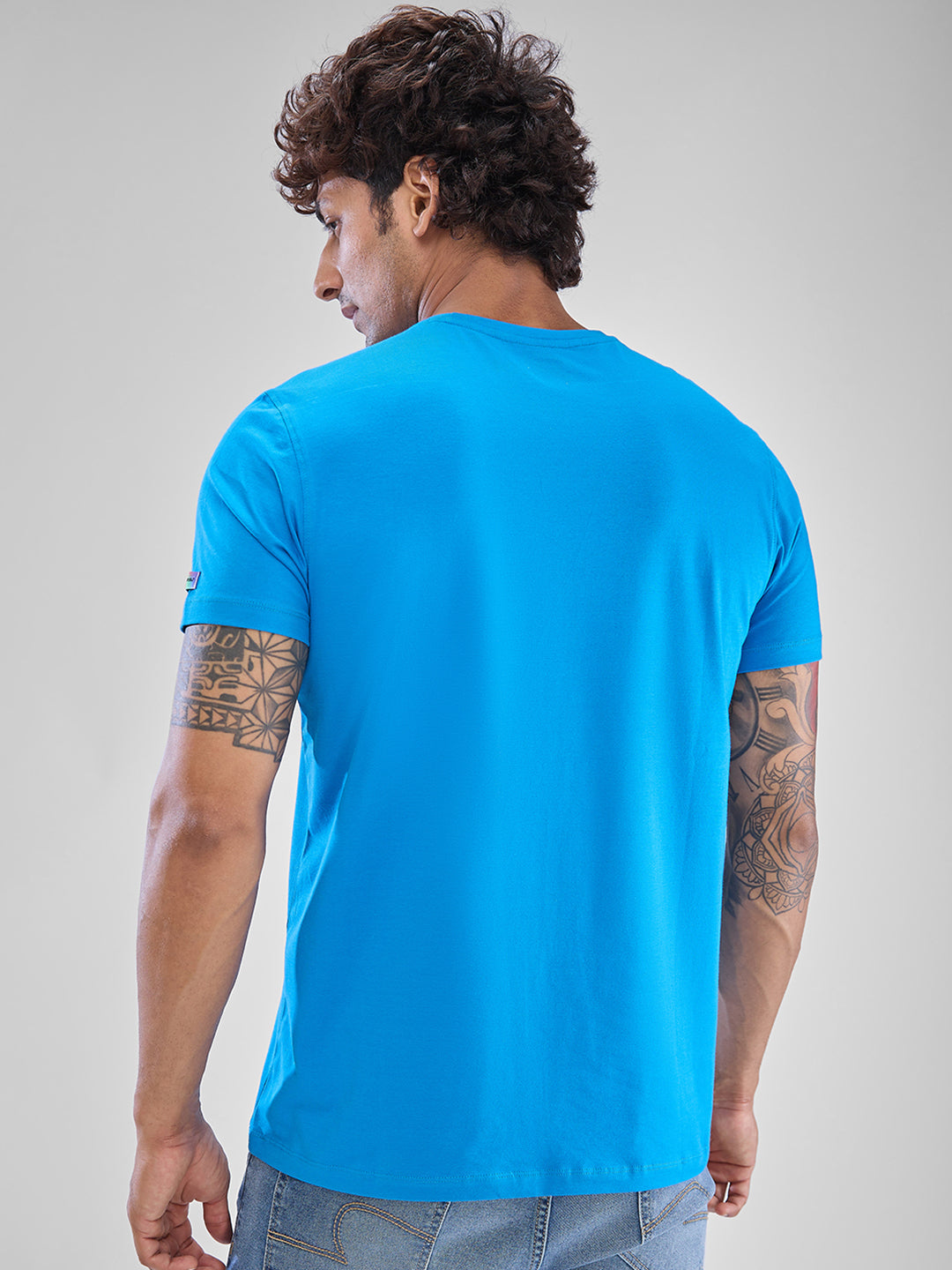 Spykar Dusty Sky Blue Cotton Half Sleeve  Tshirt For Men