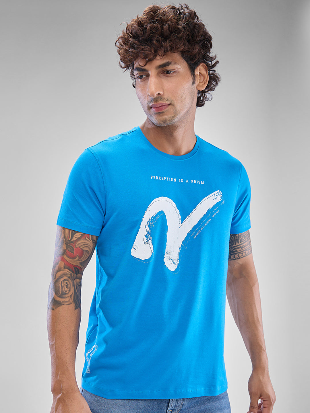 Spykar Dusty Sky Blue Cotton Half Sleeve  Tshirt For Men