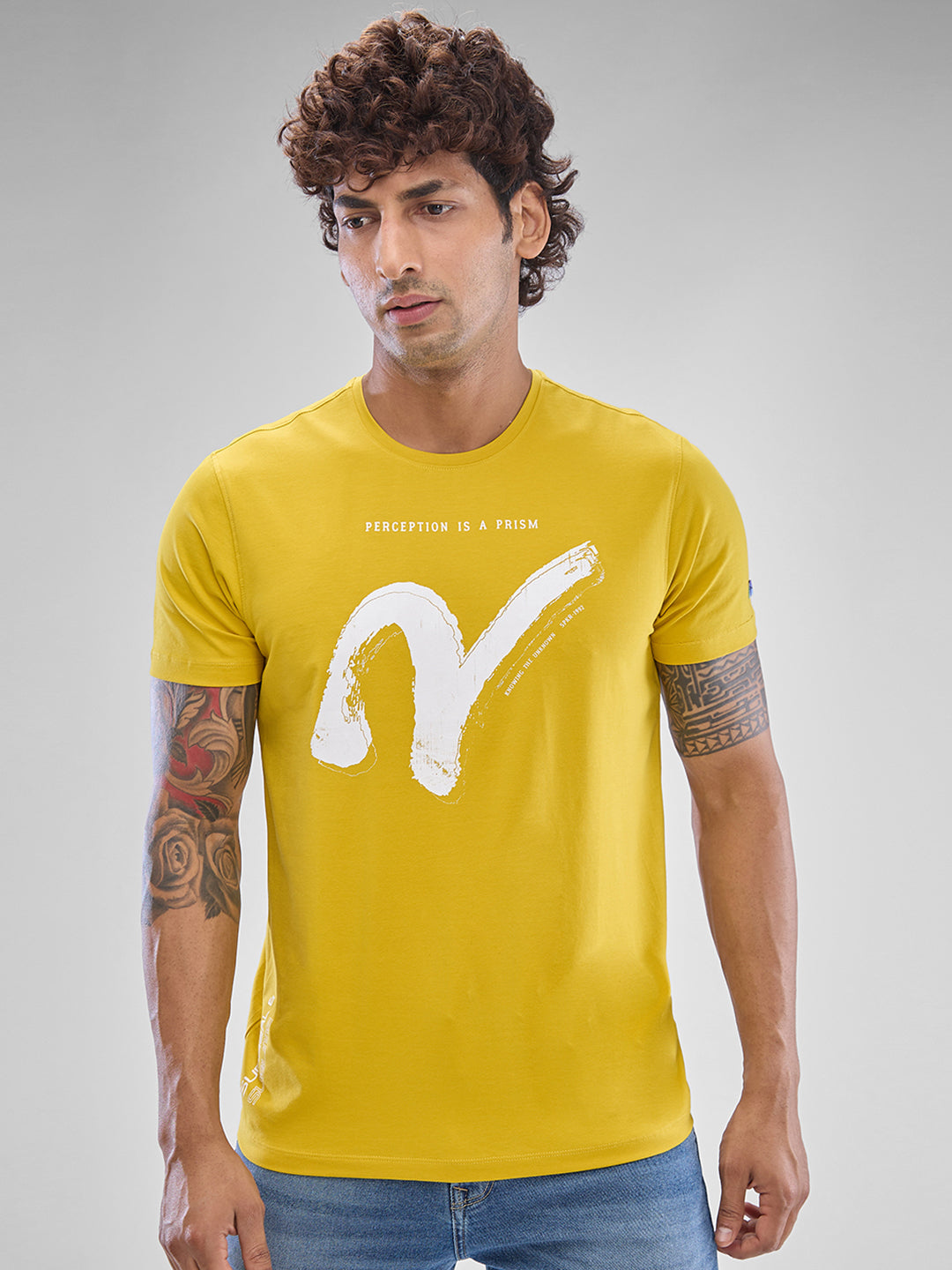 Spykar Sulphur Yellow Cotton Half Sleeve  Tshirt For Men