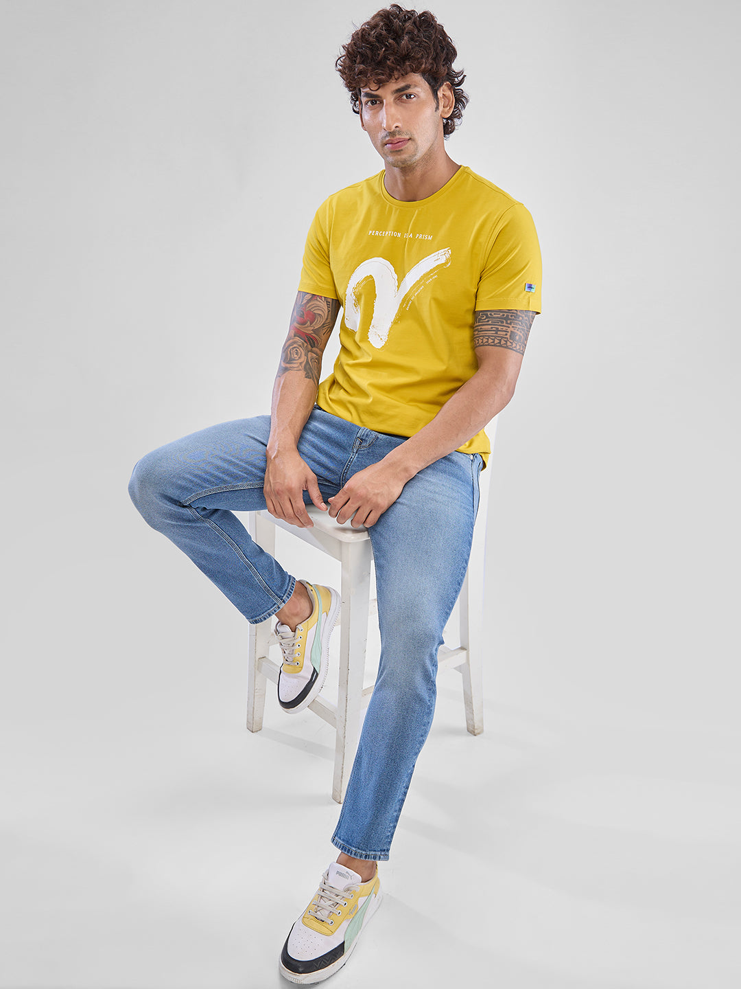 Spykar Sulphur Yellow Cotton Half Sleeve  Tshirt For Men