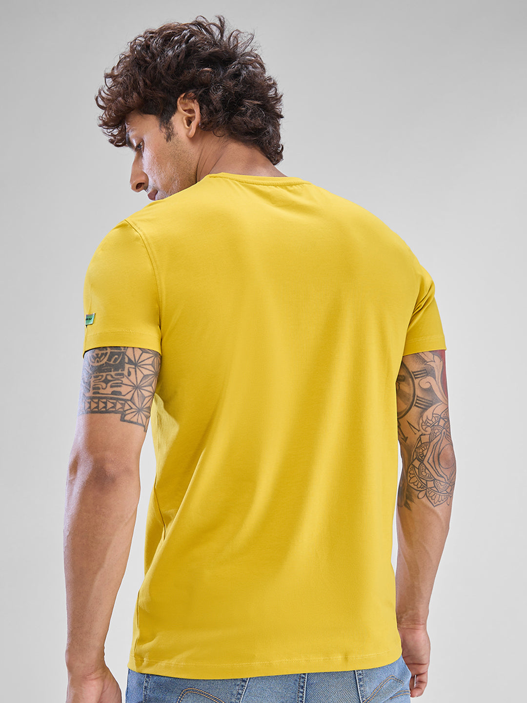 Spykar Sulphur Yellow Cotton Half Sleeve  Tshirt For Men