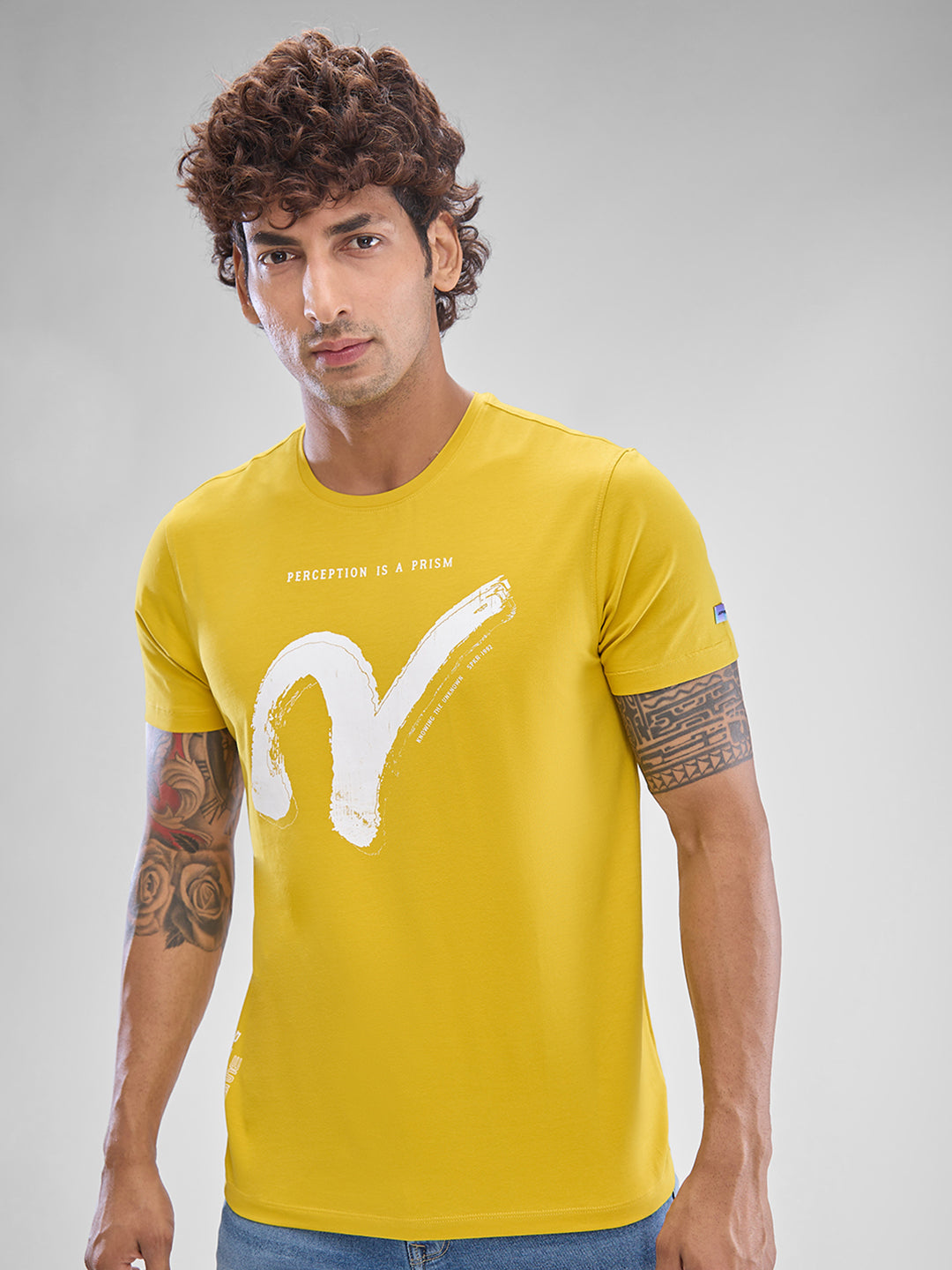 Spykar Sulphur Yellow Cotton Half Sleeve  Tshirt For Men