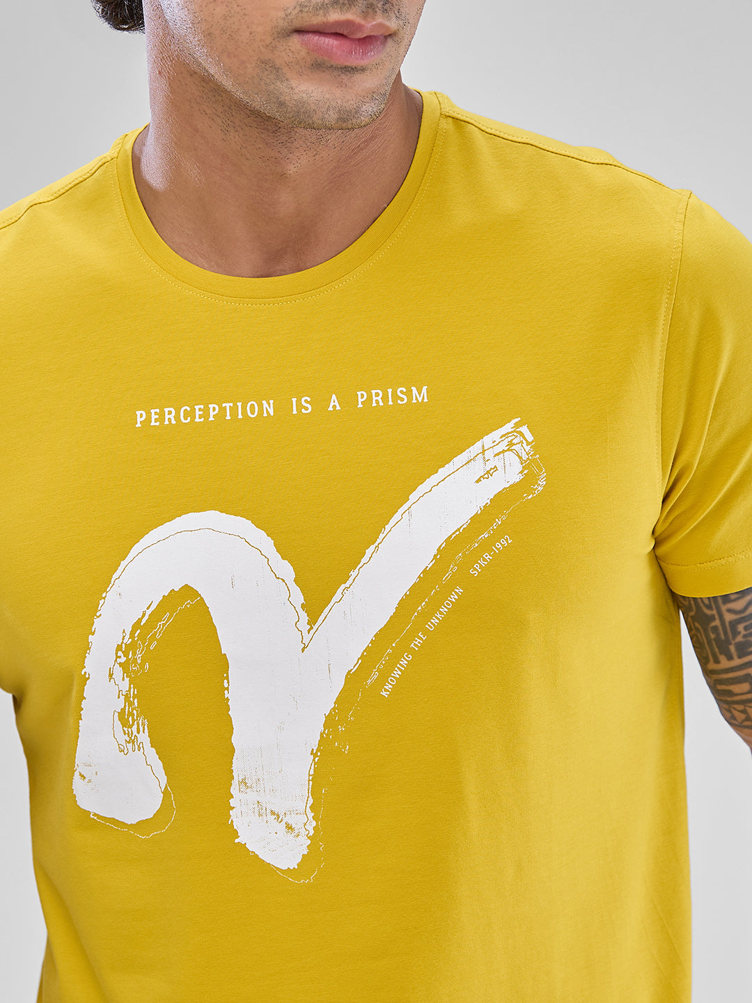 Spykar Sulphur Yellow Cotton Half Sleeve  Tshirt For Men