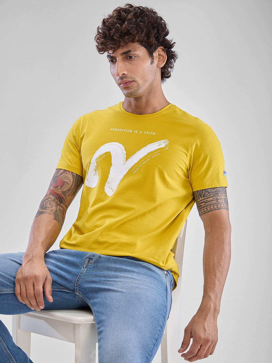 Spykar Sulphur Yellow Cotton Half Sleeve  Tshirt For Men