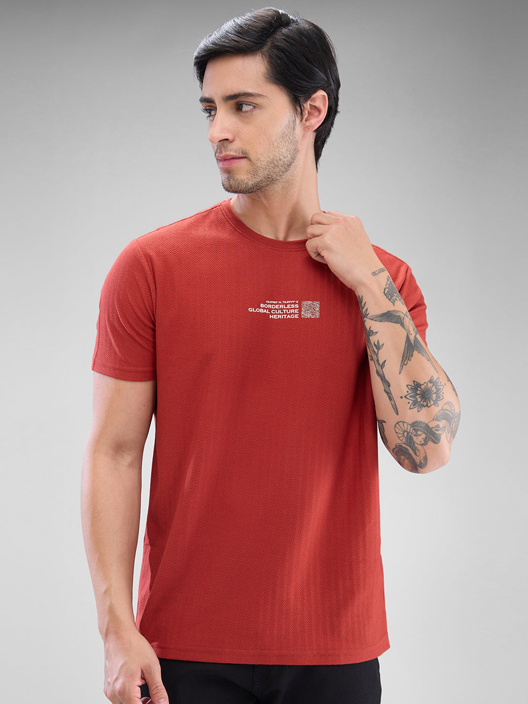 Spykar Burnt Orange Cotton Poly Half Sleeve  Tshirt For Men