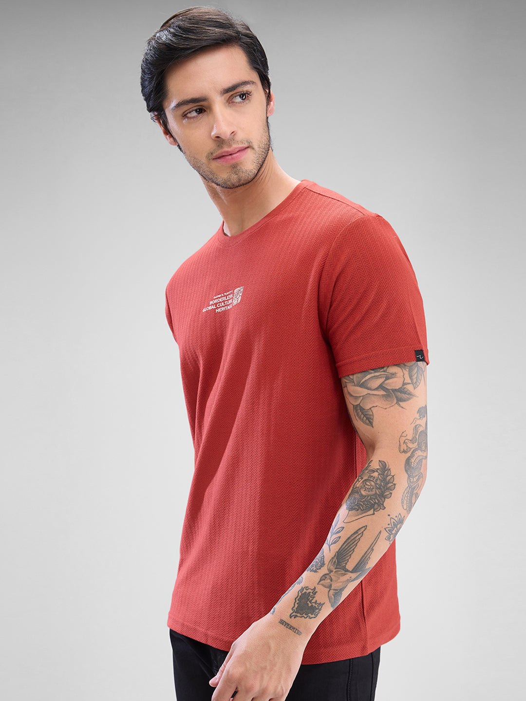 Spykar Burnt Orange Cotton Poly Half Sleeve  Tshirt For Men