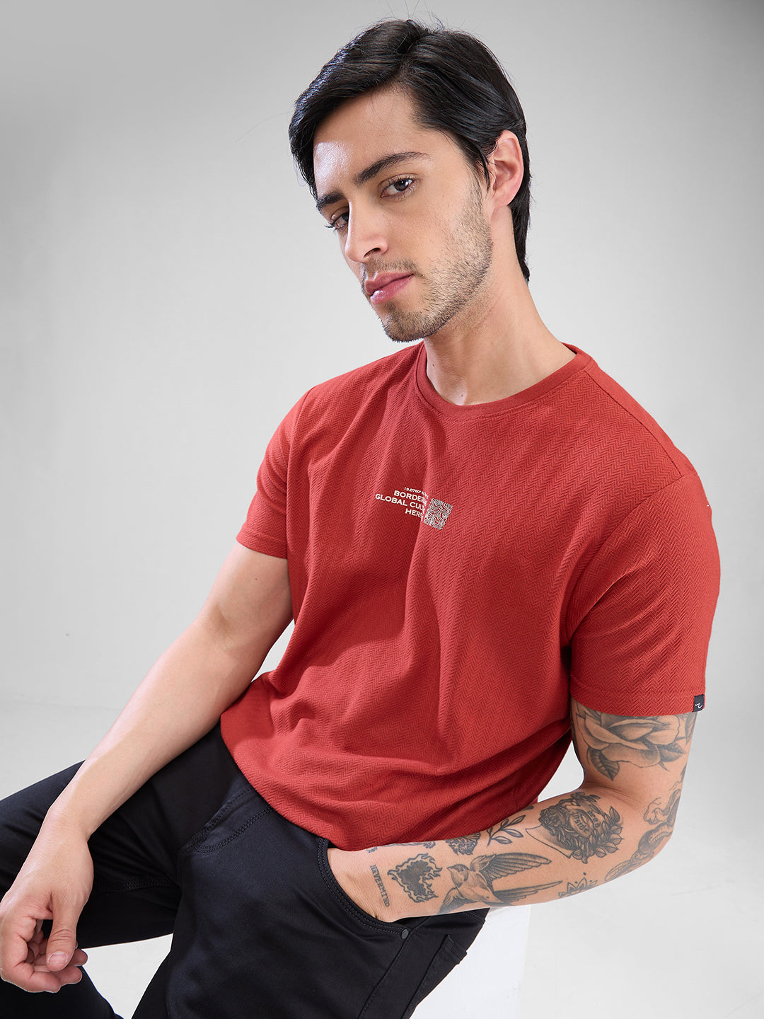 Spykar Burnt Orange Cotton Poly Half Sleeve  Tshirt For Men