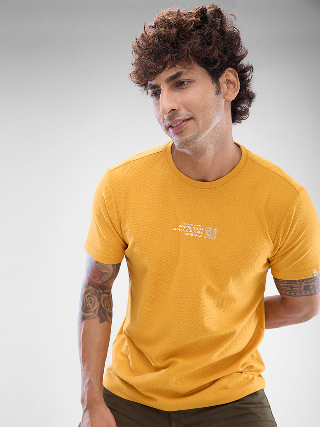 Spykar Mustard Yellow Cotton Poly Half Sleeve  Tshirt For Men