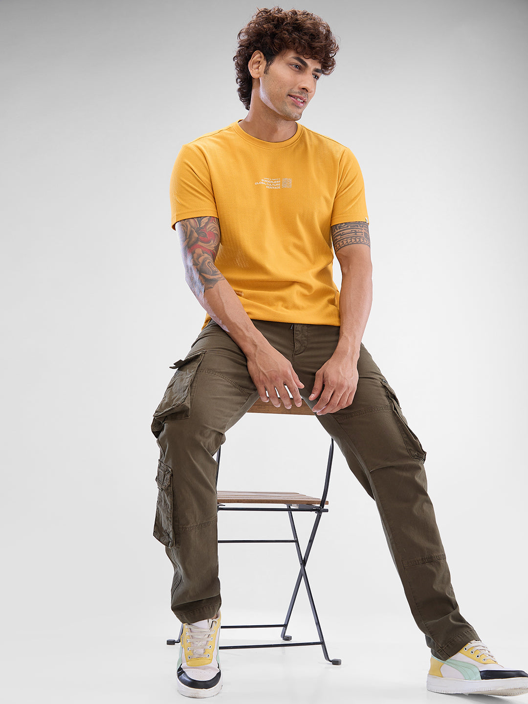 Spykar Mustard Yellow Cotton Poly Half Sleeve  Tshirt For Men