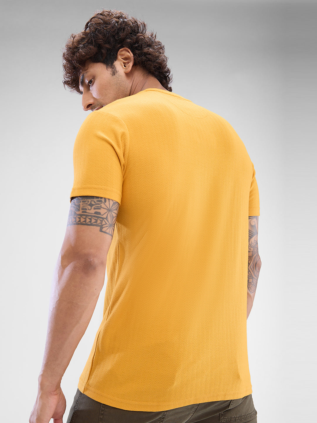 Spykar Mustard Yellow Cotton Poly Half Sleeve  Tshirt For Men