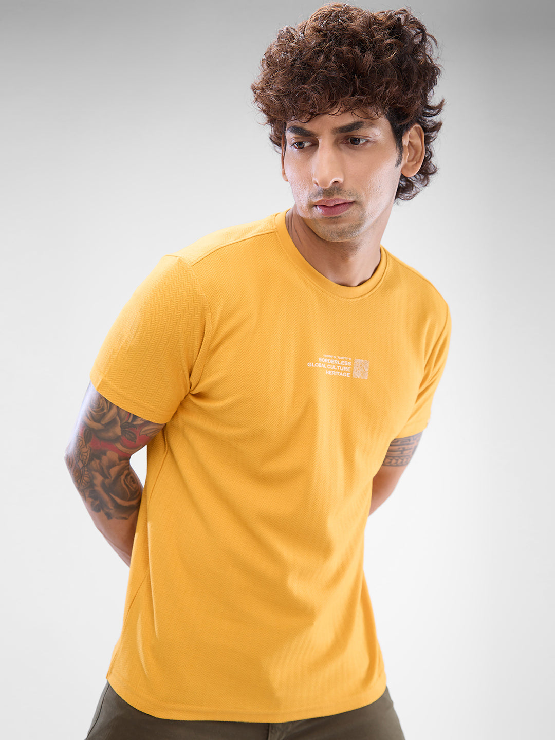 Spykar Mustard Yellow Cotton Poly Half Sleeve  Tshirt For Men