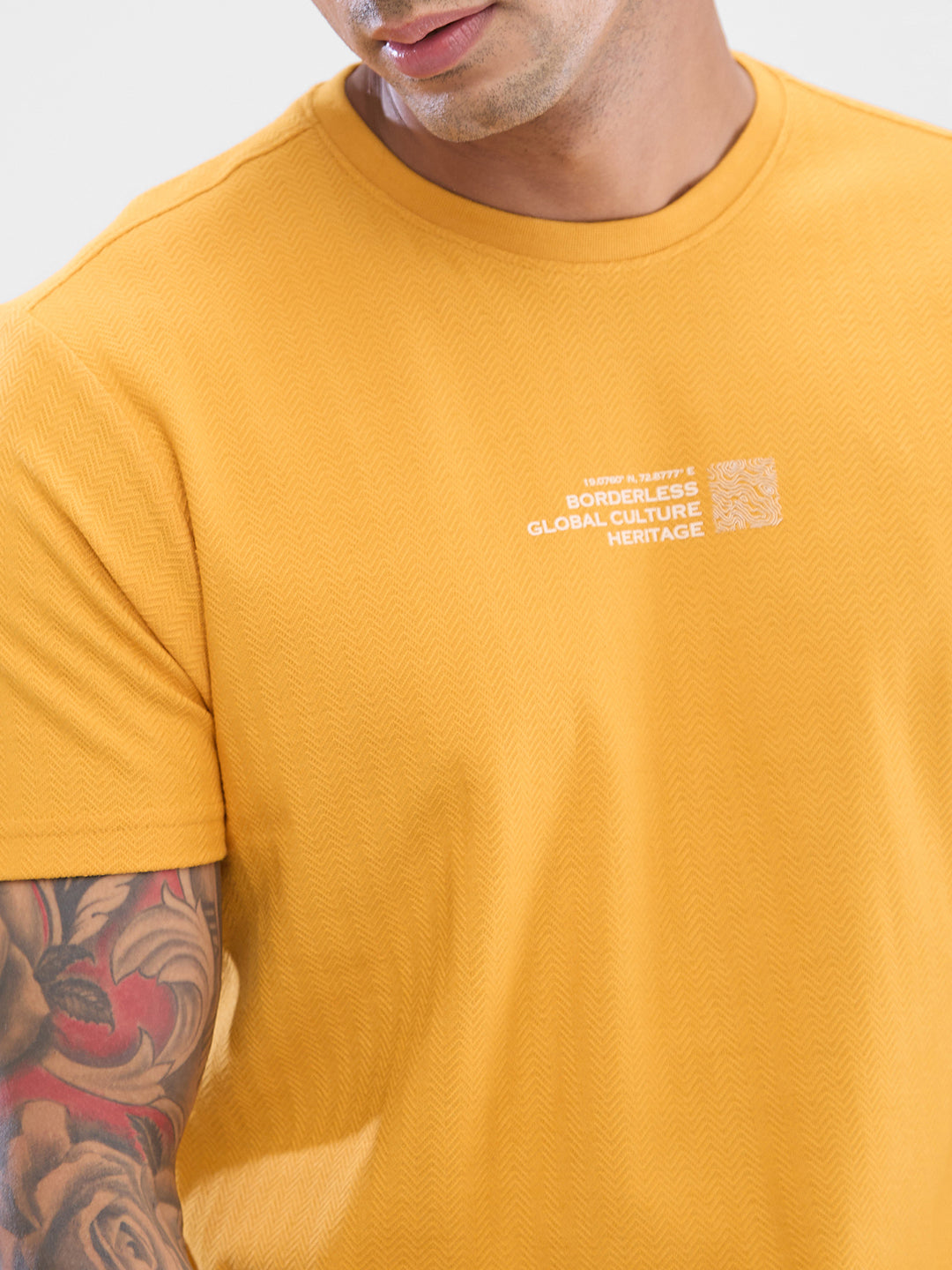 Spykar Mustard Yellow Cotton Poly Half Sleeve  Tshirt For Men