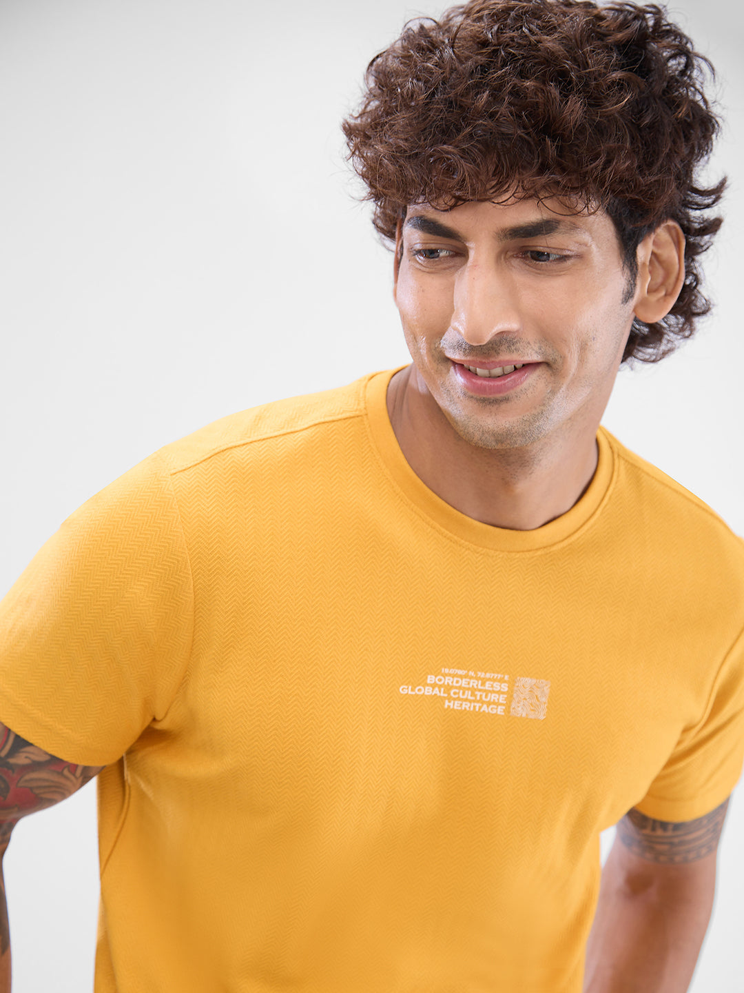 Spykar Mustard Yellow Cotton Poly Half Sleeve  Tshirt For Men