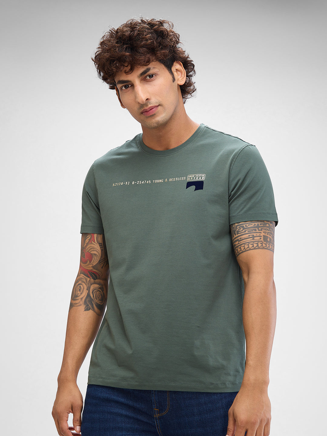 Spykar Cilantro Green Cotton Half Sleeve  Tshirt For Men