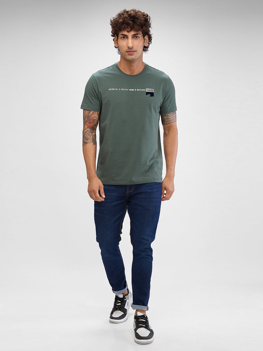 Spykar Cilantro Green Cotton Half Sleeve  Tshirt For Men