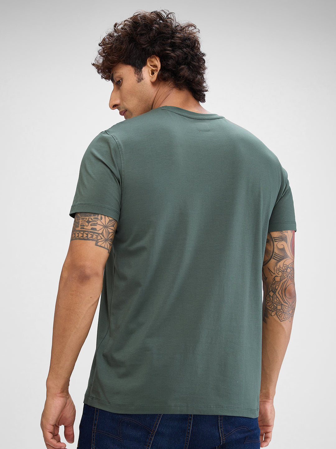 Spykar Cilantro Green Cotton Half Sleeve  Tshirt For Men