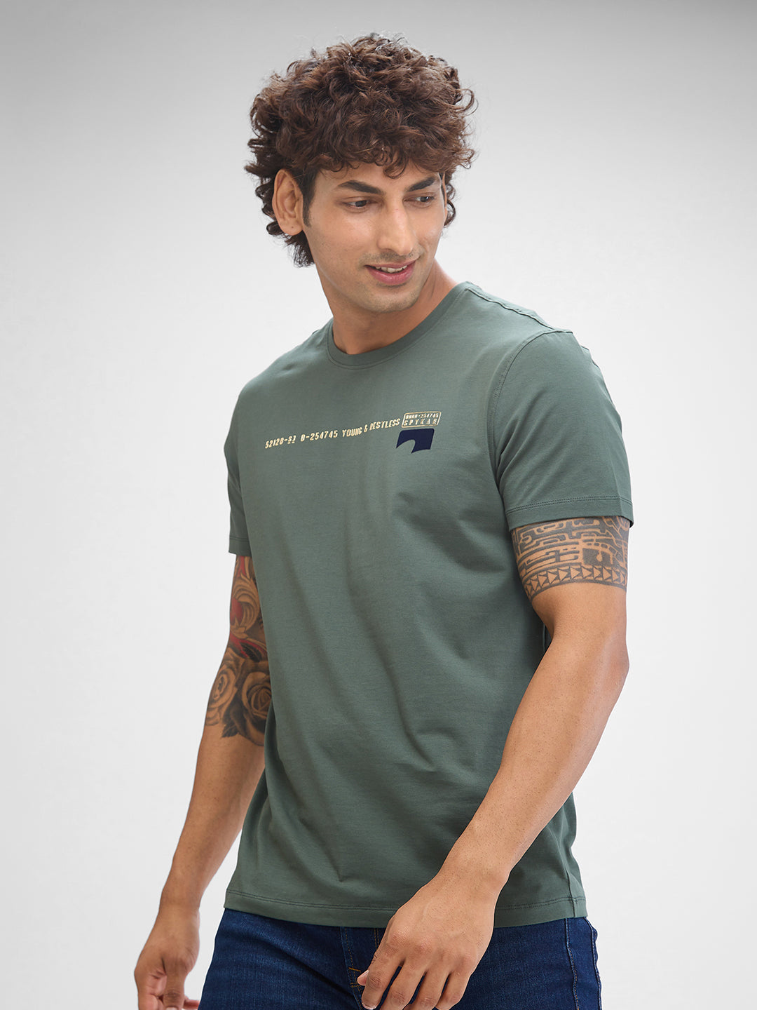 Spykar Cilantro Green Cotton Half Sleeve  Tshirt For Men