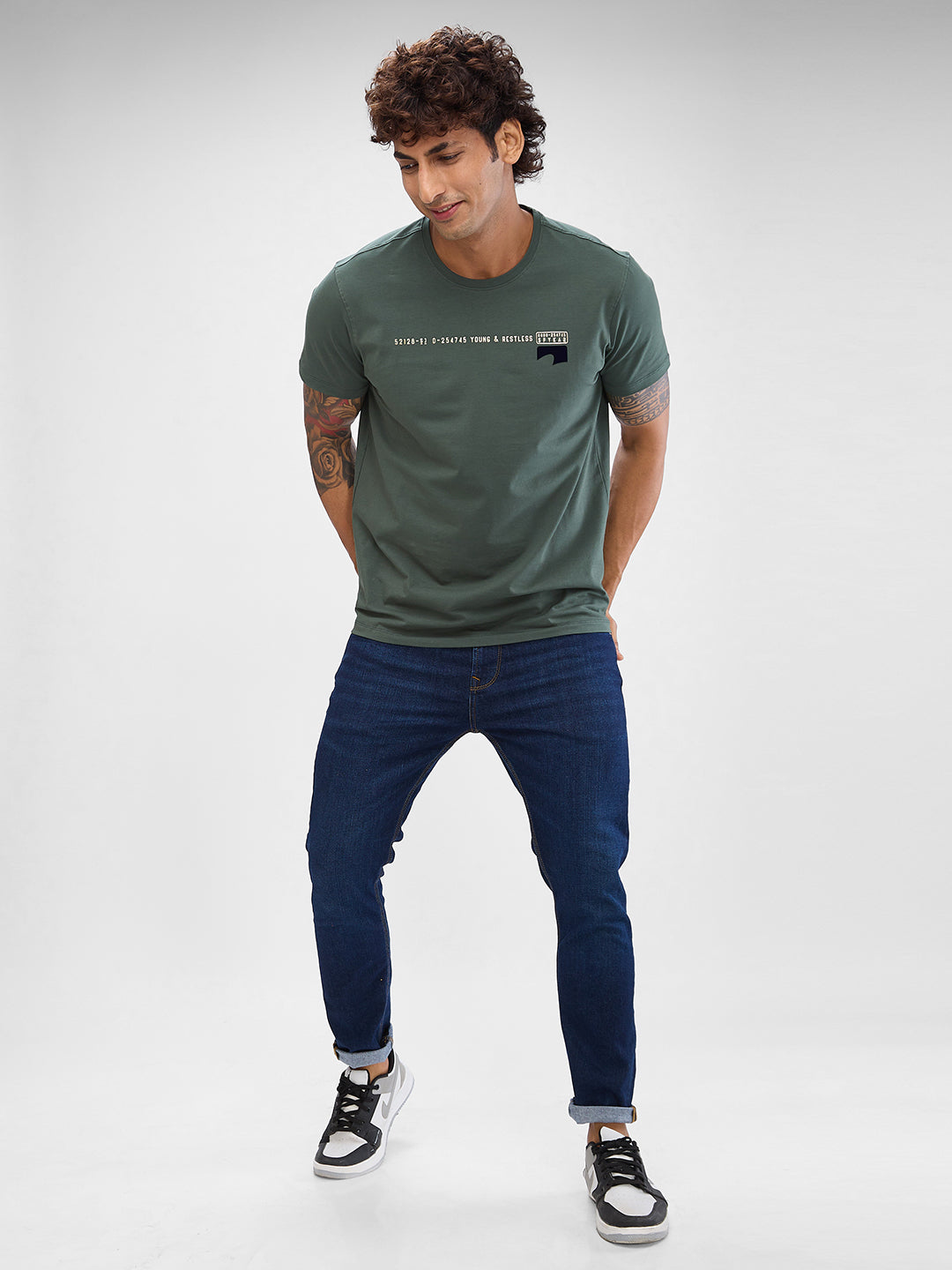 Spykar Cilantro Green Cotton Half Sleeve  Tshirt For Men