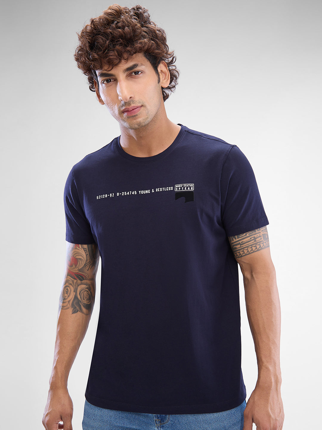 Spykar Navy Blue Cotton Half Sleeve  Tshirt For Men