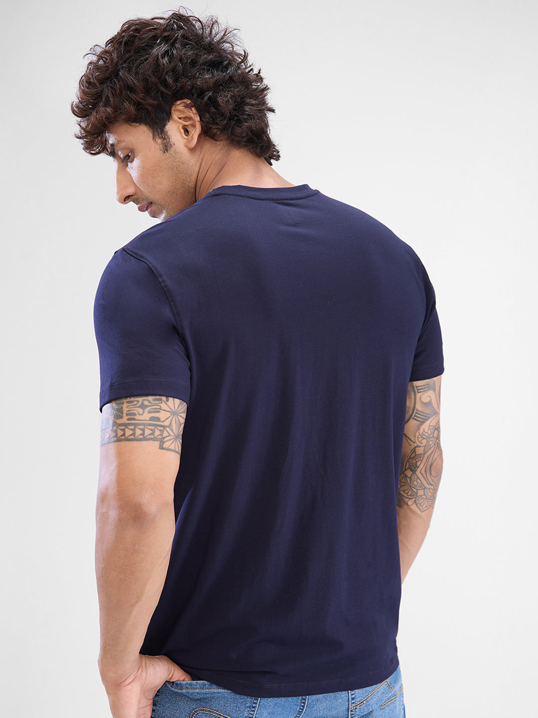 Spykar Navy Blue Cotton Half Sleeve  Tshirt For Men