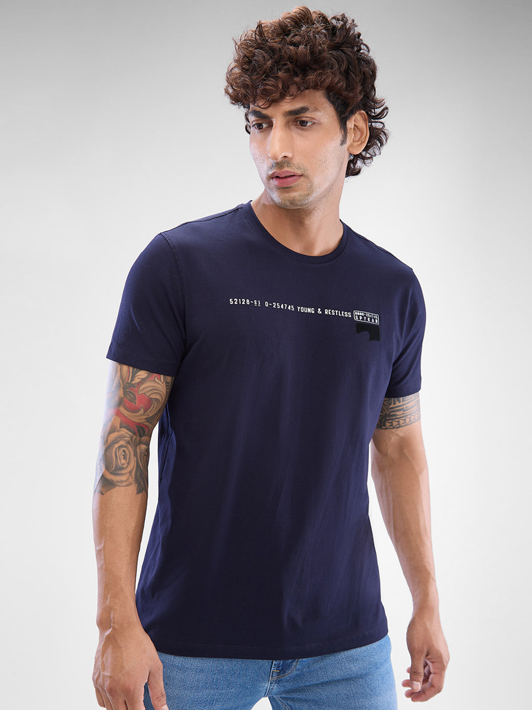 Spykar Navy Blue Cotton Half Sleeve  Tshirt For Men