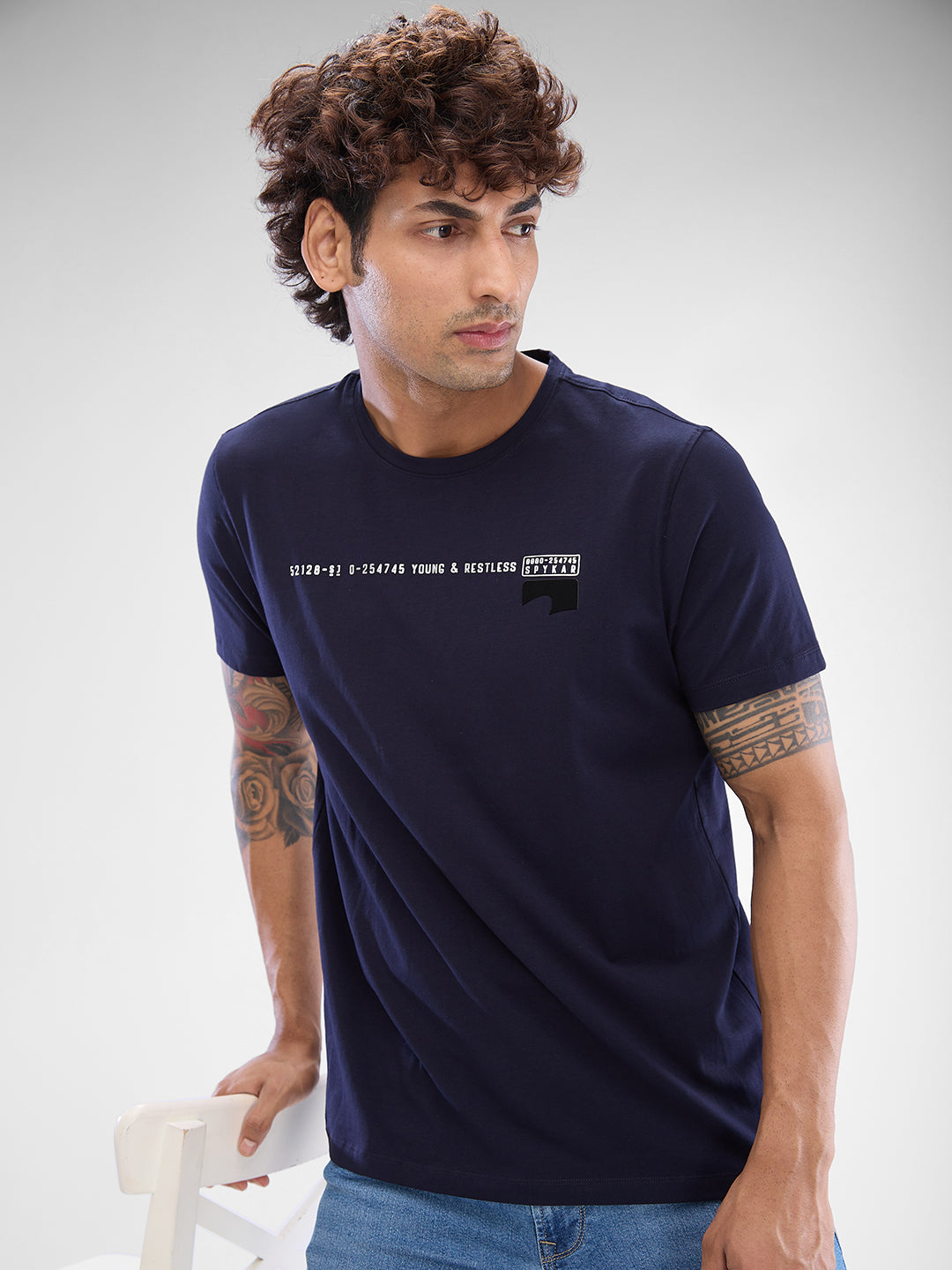 Spykar Navy Blue Cotton Half Sleeve  Tshirt For Men