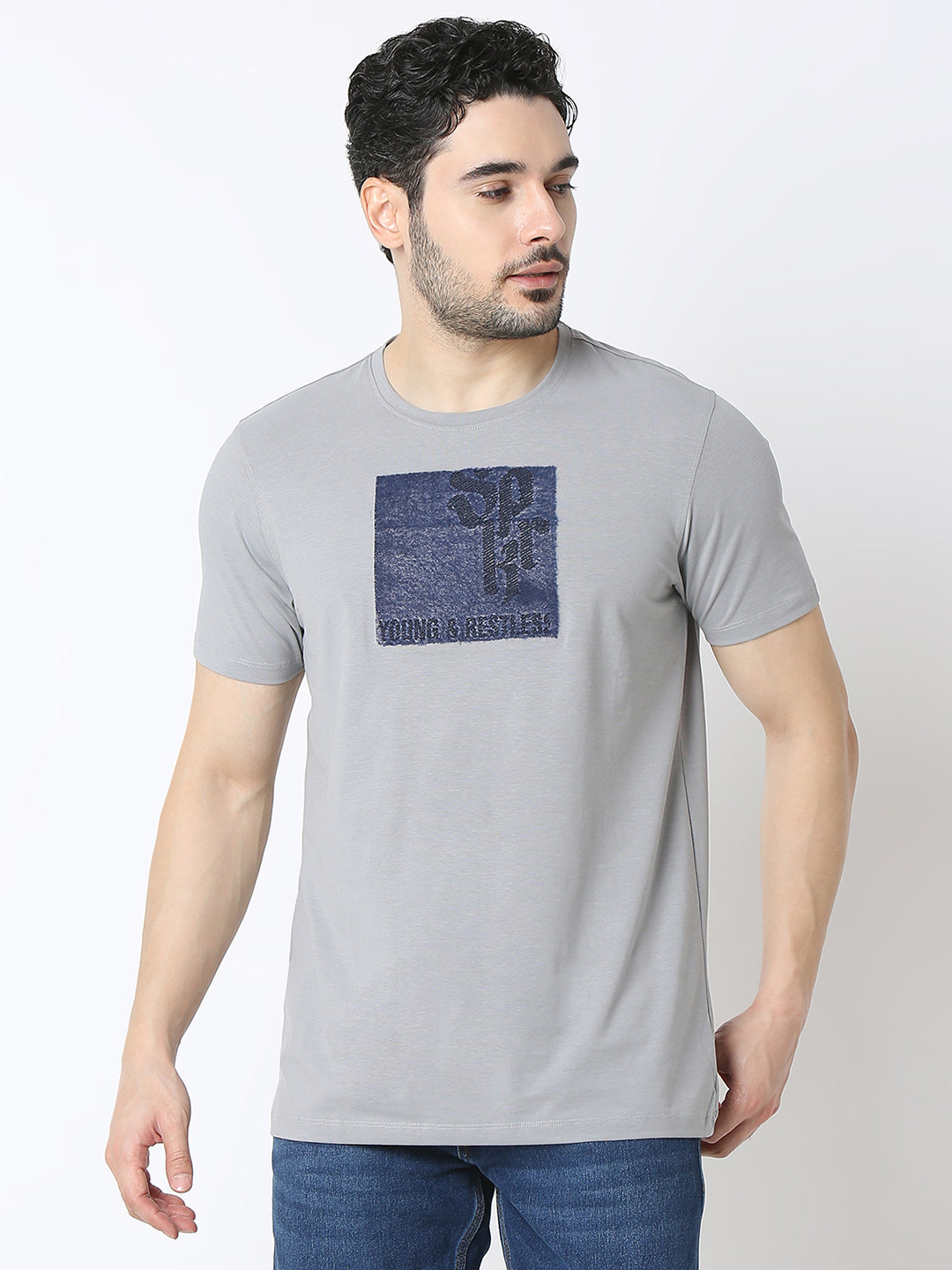 Spykar Grey Cotton Poly Slim Fit T-Shirts For Men