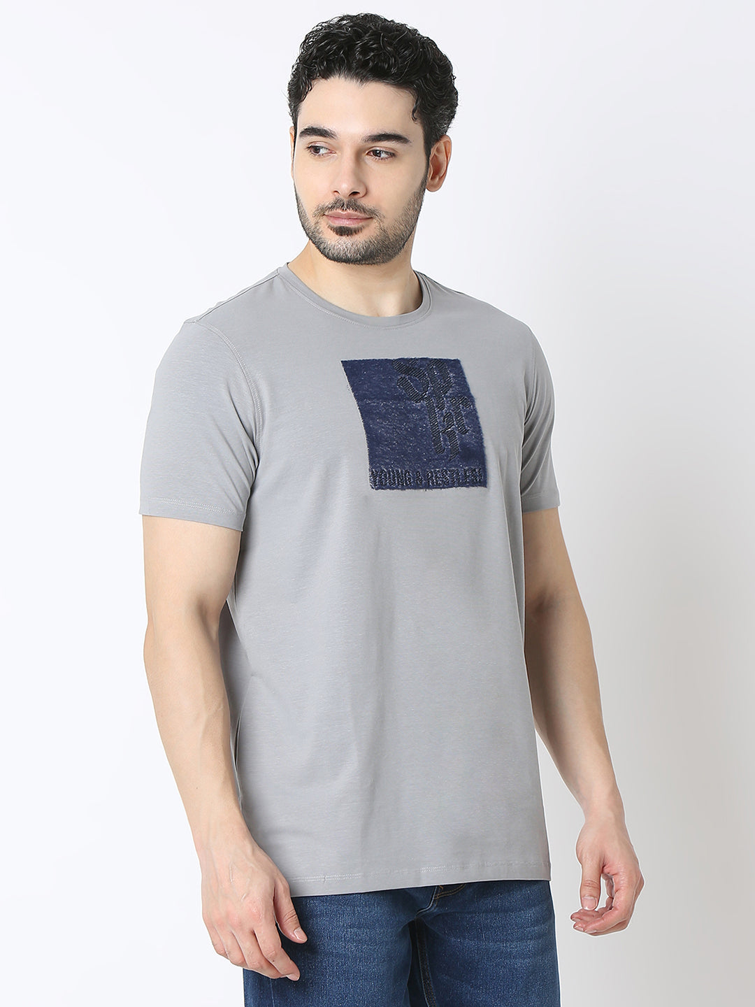 Spykar Grey Cotton Poly Slim Fit T-Shirts For Men