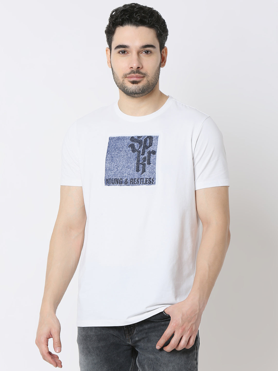 Spykar White Cotton Poly Slim Fit T-Shirts For Men