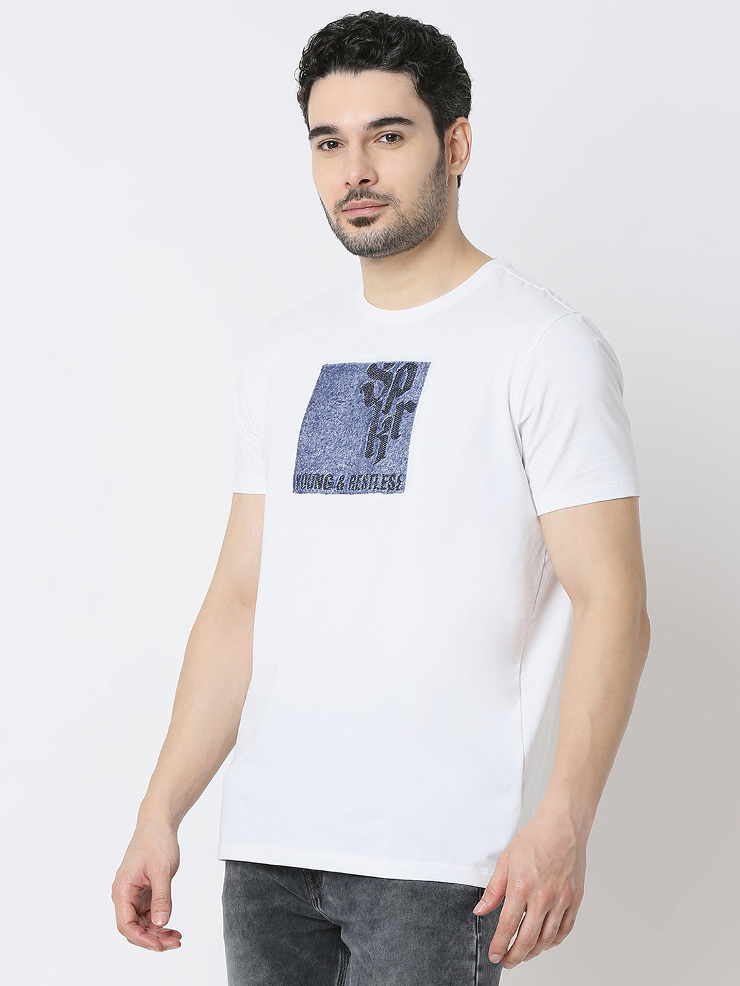 Spykar White Cotton Poly Slim Fit T-Shirts For Men