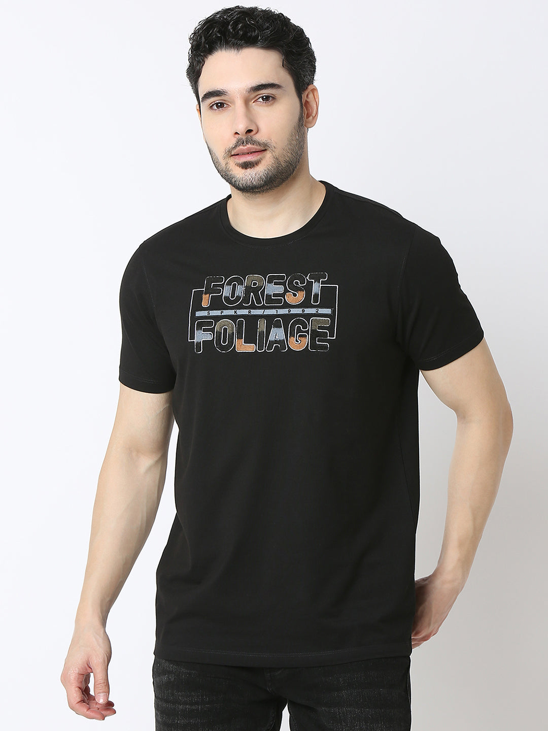 Spykar Black Cotton Poly Slim Fit T-Shirts For Men