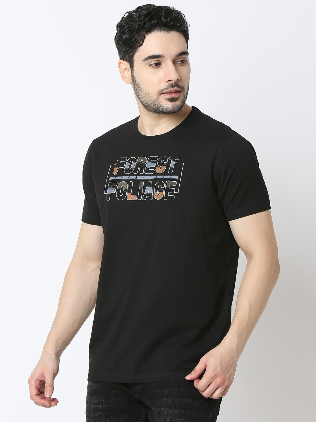 Spykar Black Cotton Poly Slim Fit T-Shirts For Men