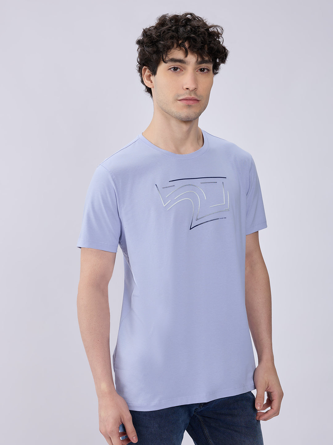 Spykar Heron Blue Slim Fit Casual T-Shirts For Men