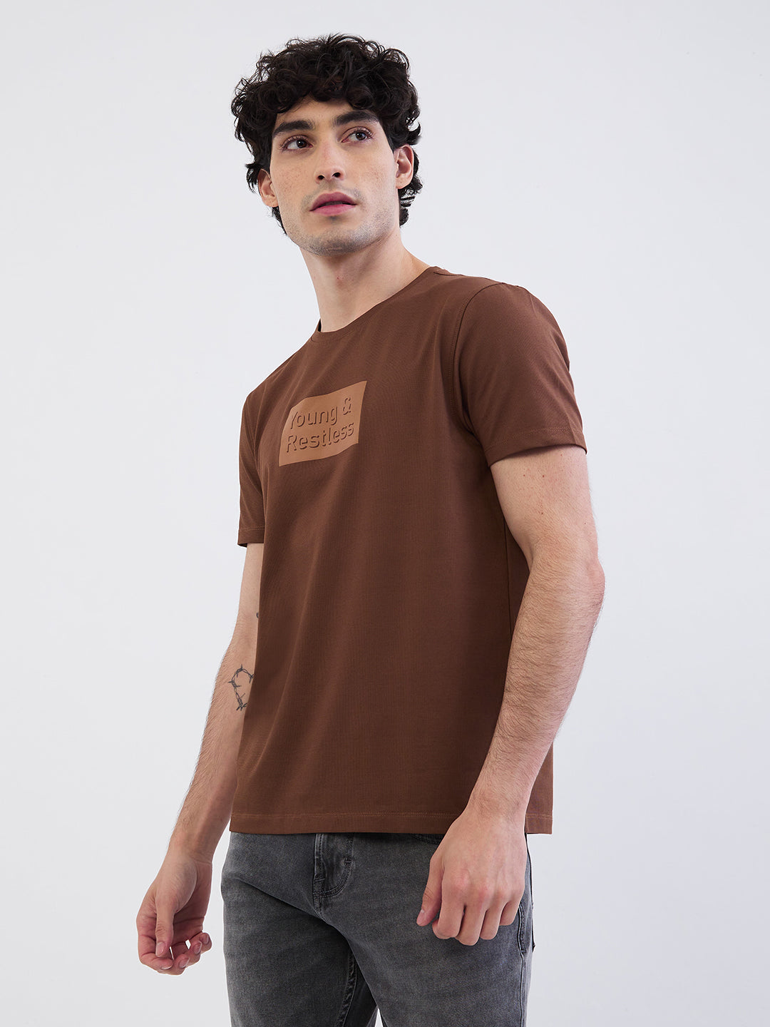 Spykar Bison Brown Slim Fit Casual T-Shirt For Men