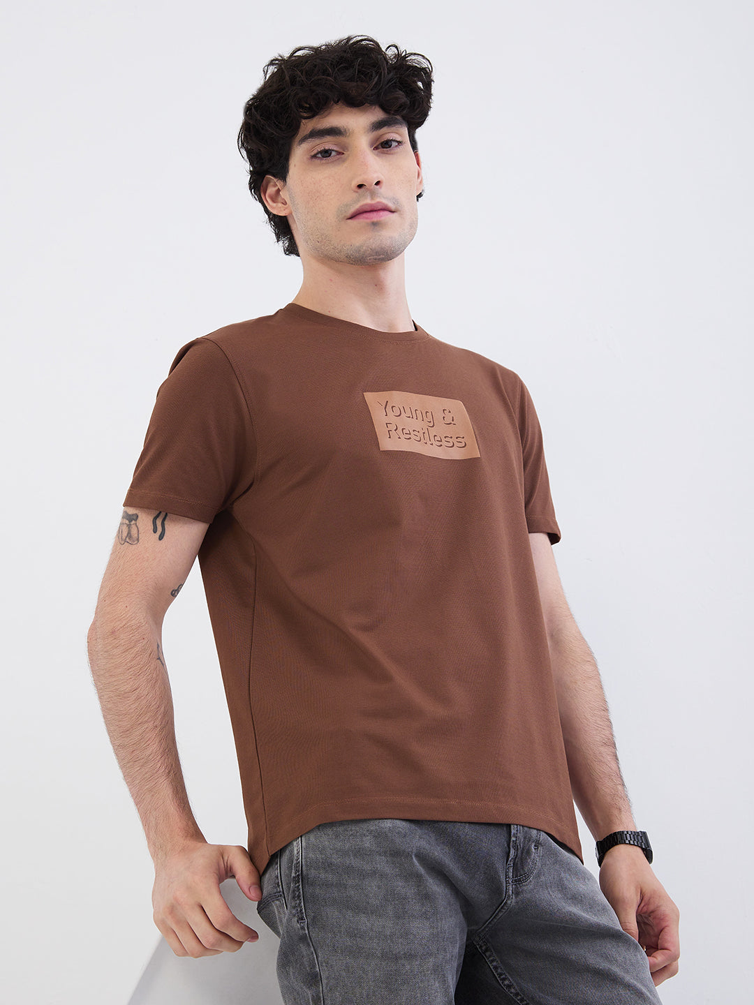 Spykar Bison Brown Slim Fit Casual T-Shirt For Men