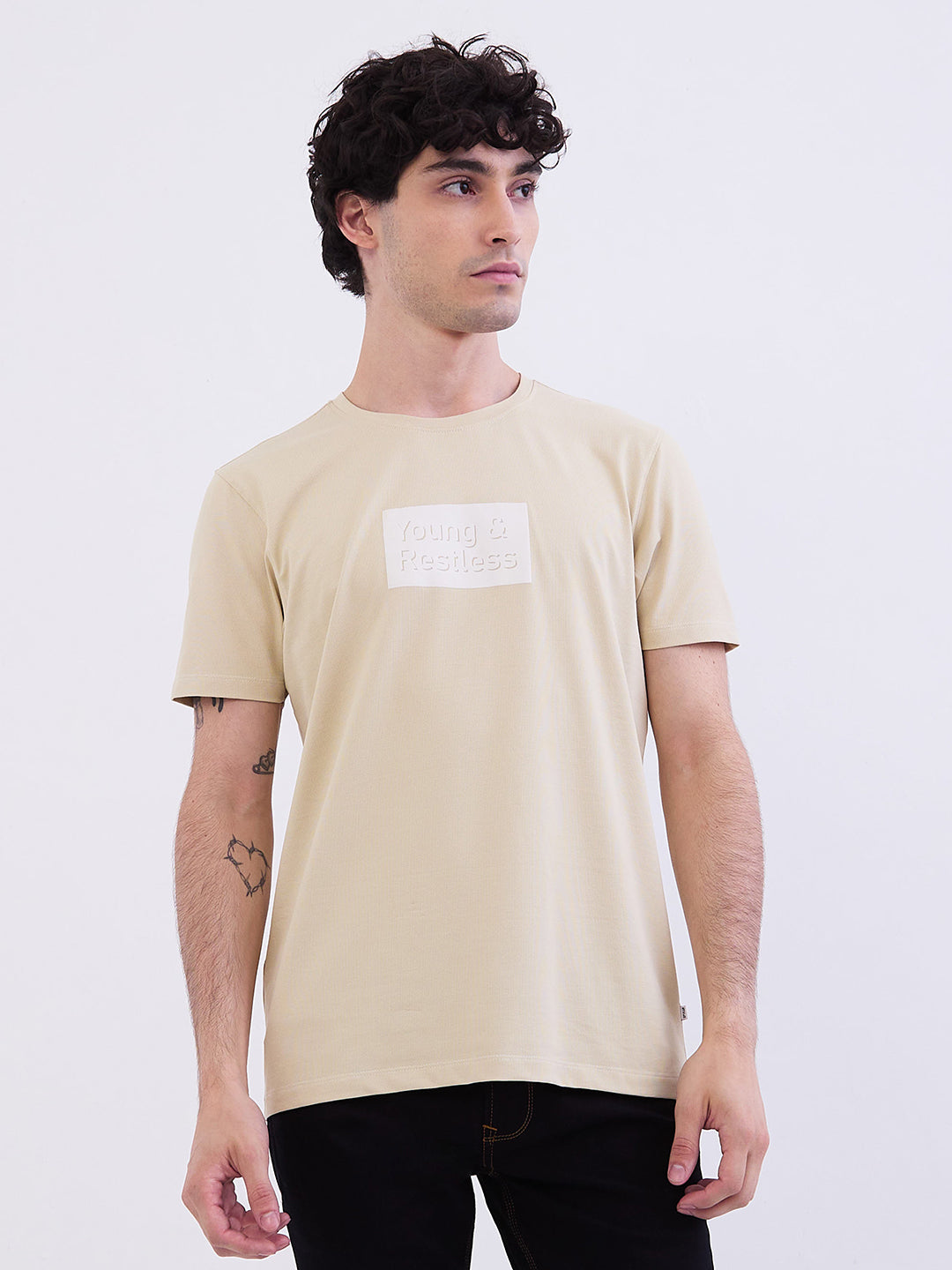 Men T-Shirt Beige Slim Fit