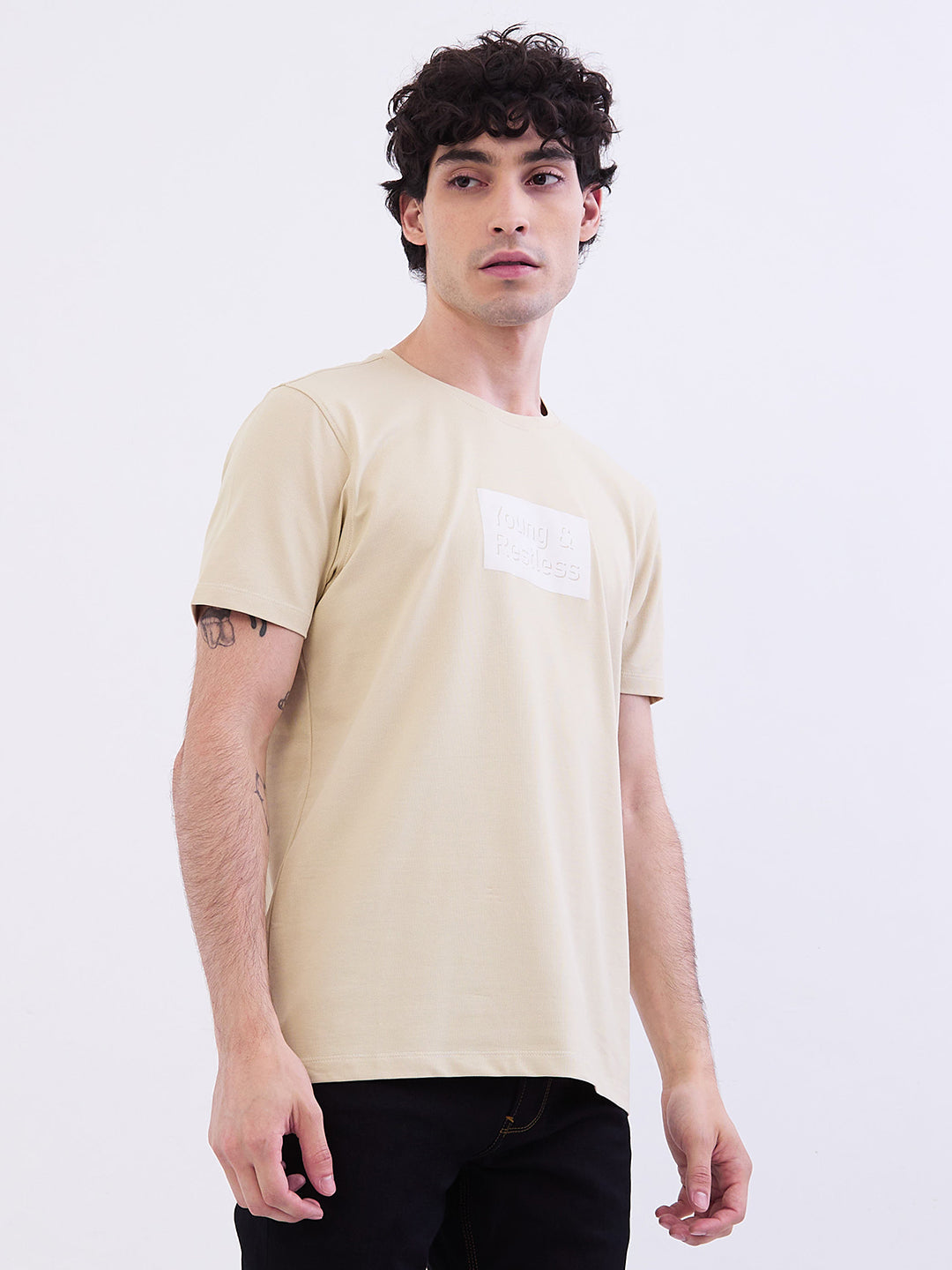 Men T-Shirt Beige Slim Fit