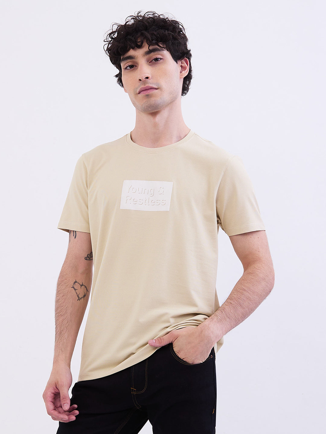 Men T-Shirt Beige Slim Fit