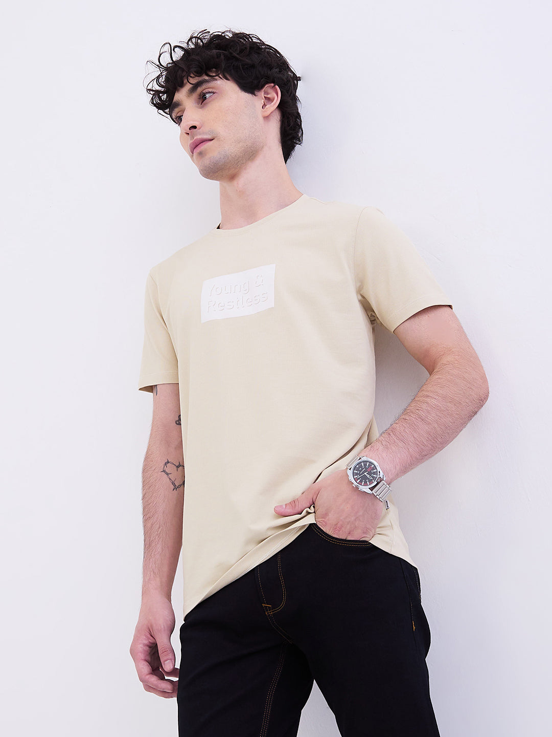 Spykar Light Fawn Slim Fit Casual T-Shirt For Men