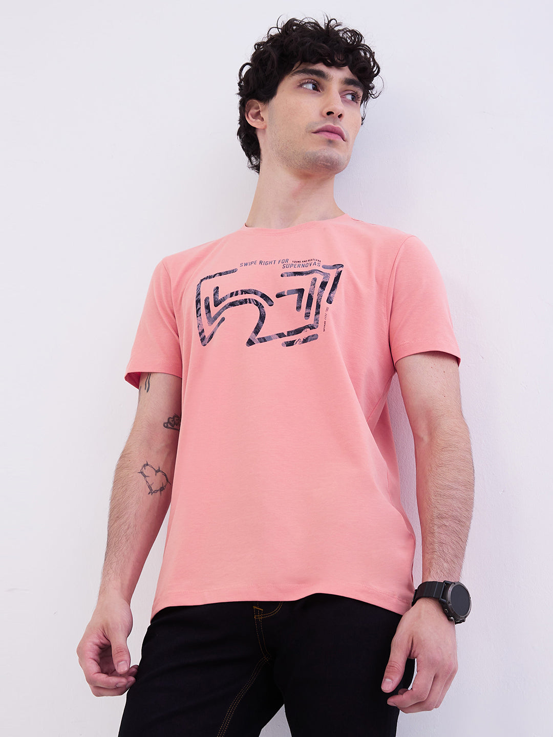 Spykar Tropical Pink Slim Fit Casual T-Shirt For Men